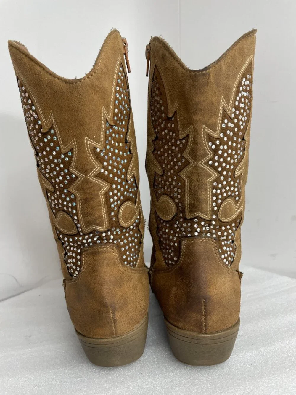 Justice Rhinestone Glitter Brown Faux Leather Cowgirl Western Boots Girls 7